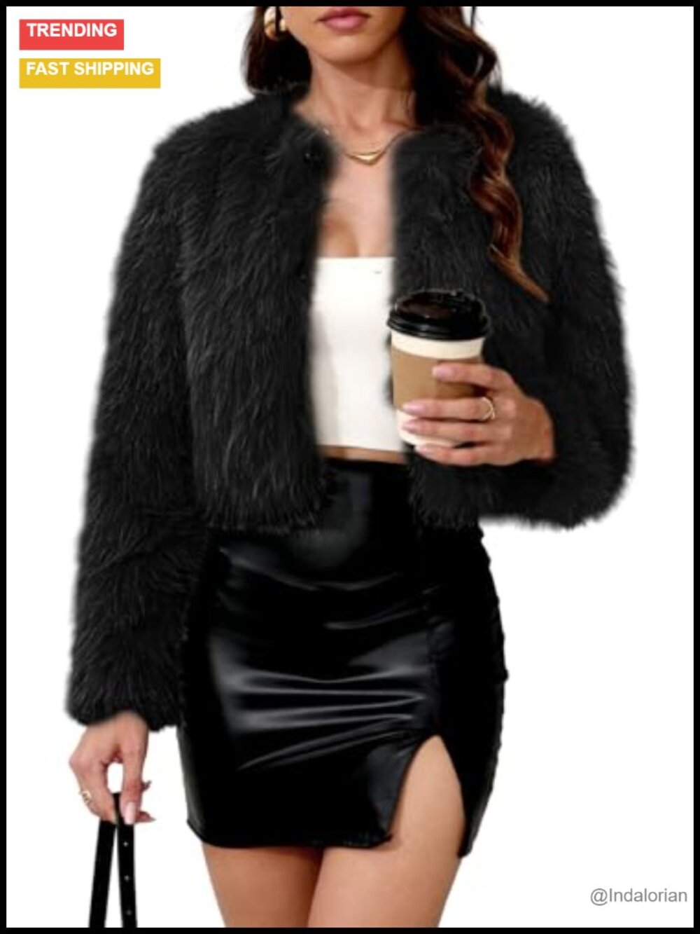 Cropped Faux Fur Coat Fluffy Long Sleeve Short Jacket Hook & Eye
